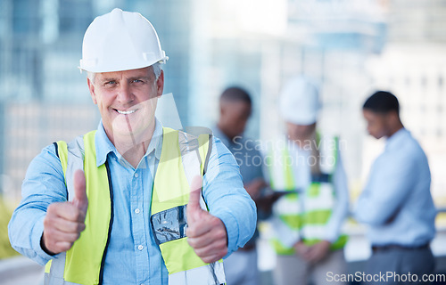 Image of Portrait, thumbs up and man as a construction worker outdoor on a building site with trust in his team. Management, leadership and motivation with a happy senior male architect for support of success