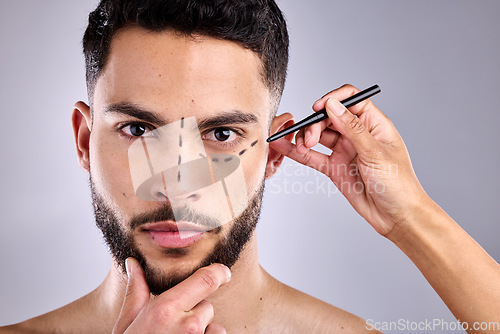 Image of Man, face and plastic surgery marker for beauty in studio isolated on a white background. Facial, operation lines and cosmetics of male model, dermatology or skincare for serious rhinoplasty portrait