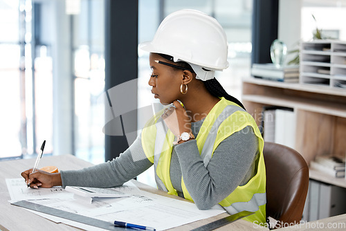 Image of Architecture, drawing and blueprint with black woman in office for engineering, illustration and project management. Buildings, designer and construction with contractor and graphic floor plans