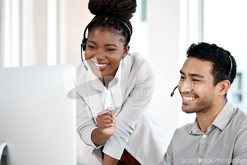 Image of Call center, coaching and computer with business people in office for training, customer service and communication. Help desk, contact us and mentor with man and black woman for sales and teamwork