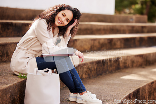 Image of Female student, stairs and portrait with notebook with happiness at university for studying in the outdoor. College, stairs and woman with book for an education in summer for achievement at school.