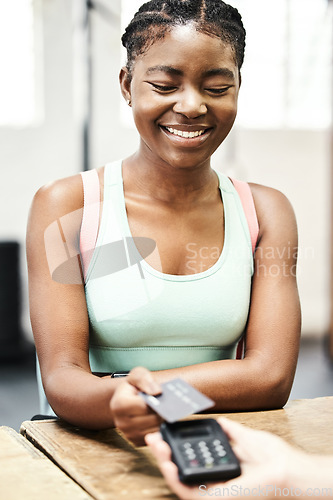 Image of Credit card, woman and pay for gym membership, sports club customer or payment for fitness subscription. Fintech, ecommerce and athlete buying or paying for workout, training or exercise for health