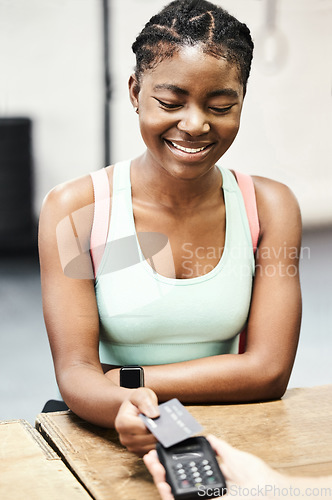 Image of Woman, credit card and pay for gym membership, sports club customer or payment for fitness subscription. Fintech, ecommerce and athlete buying or paying for workout, training or exercise for health