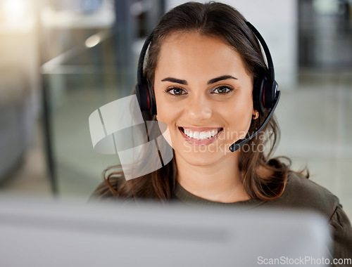 Image of Happy young woman, call center portrait and telemarketing with headphones, microphone and communication. Girl, customer service and technical with consulting, contact us and smile in modern office