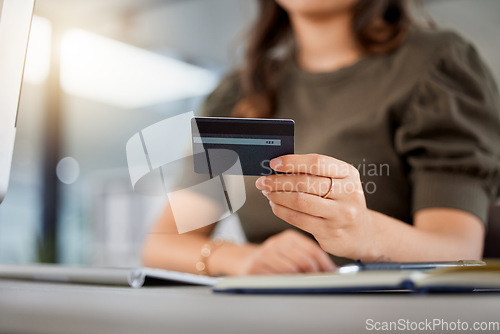 Image of Hand, credit card and office with e commerce, computer and payment for discount, sale and cybersecurity. Girl, online shopping and banking with fintech, budget or financial decision with workplace pc