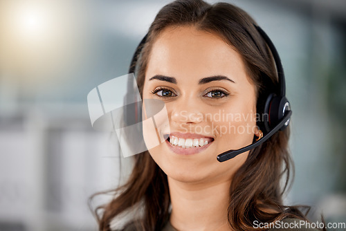 Image of Young woman, call center portrait and smile telemarketing with headphones, microphone and communication. Girl, customer service and technical with consulting, contact us and happy in modern office