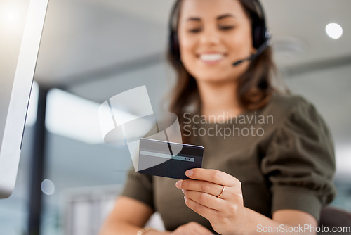 Image of Call center, woman and credit card in office for online shopping, computer and payment for discount. Consultant, e commerce and banking with fintech, budget and financial decision with workplace pc