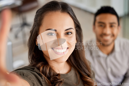 Image of Smile, selfie and portrait of businesswoman in the office with her colleague for partnership. Success, friendship and happy corporate team taking a picture working together on a project in workplace.