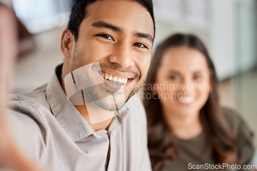 Image of Happy, selfie and portrait of business people in the office for team building or partnership. Success, friends and corporate employees taking a picture together while working on project in workplace.