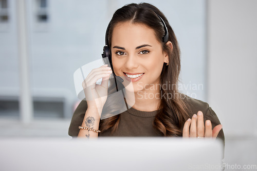 Image of Customer service, portrait or friendly woman in call center tech support consulting, speaking or talking. Communication, face or happy consultant in telemarketing or telecom explaining on microphone