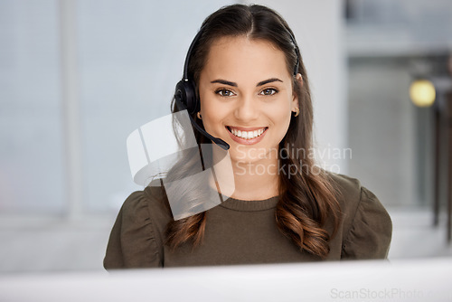 Image of Customer service, portrait or happy woman in call center tech support consulting, speaking or talking. Communication, face or friendly consultant in telemarketing or telecom company with microphone