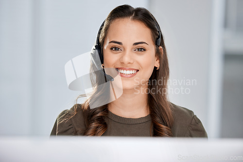 Image of Telecom, portrait or happy woman in call center tech support consulting, speaking or talking on microphone. Communication, face or friendly consultant in telemarketing customer services help desk