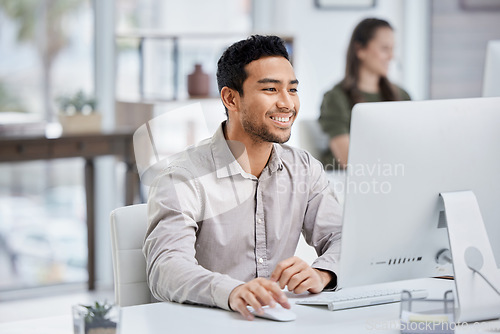 Image of Business, smile and man with a computer, connection and administrator with digital planning, search internet and website information. Male person, employee and consultant with a pc and online reading