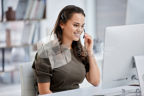 Image of Smile, call center and business woman on computer for telemarketing, customer service and technical support. Contact us, crm and female sales agent, consultant or employee working in office help desk