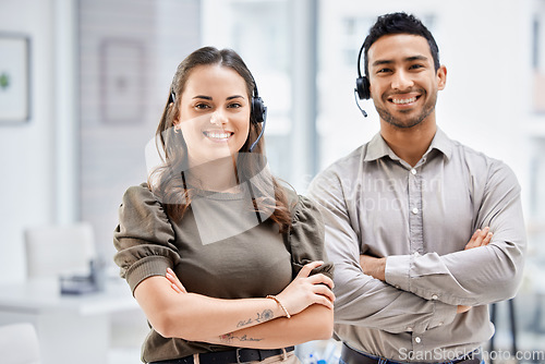 Image of Call center, portrait or happy team with arms crossed, support or smile in telemarketing together. Confident people, proud man or woman with positive mindset at telecom customer services office