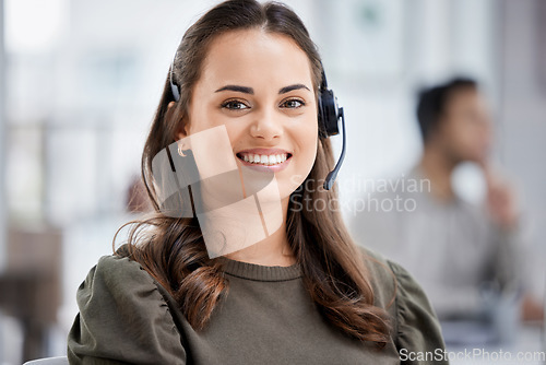 Image of Portrait, call center and business woman smile for customer service, support or contact us. Telemarketing, face and happy female sales agent, consultant or employee in office for consulting career.