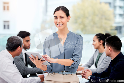 Image of Tablet, business meeting and woman portrait for happy leadership, employee management and online planner or schedule. Face of professional person with digital technology or agenda for work conference