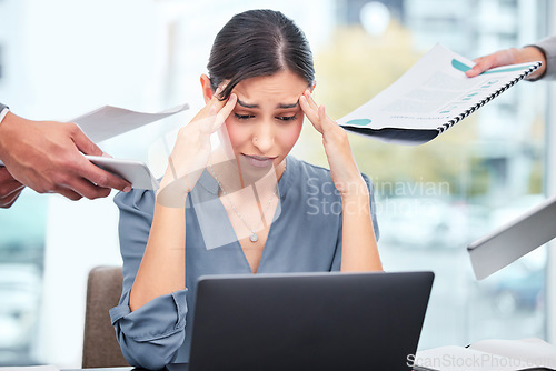 Image of Headache, chaos and business woman, documents or computer stress, financial report and debt fail, crisis or mistake. Confused, time management problem and manager, people hands and finance paperwork