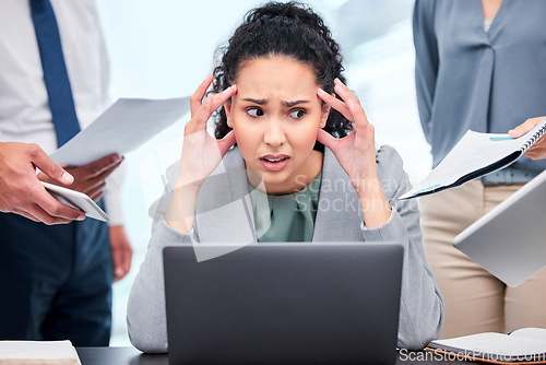 Image of Confused, chaos and business woman, documents or computer stress, financial report and debt fail, crisis or mistake. Headache, time management problem and manager, people hands and finance paperwork