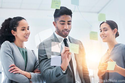 Image of Creative, writing and business people on glass board for teamwork schedule, project priority and reminder or solution. Sticky notes, collaboration and women, man and team for scrum and agile timeline