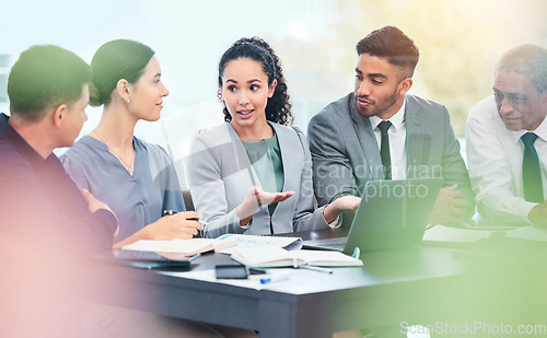 Image of Laptop, business meeting and people talking of finance report, budget discussion and company account, or revenue. Computer, questions and feedback with manager, women and men or team in conference