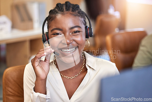 Image of Call center, portrait and happy woman, agent or virtual consultant for communication, customer support and contact. Face of african person, telecom worker or e commerce employee speaking on headphone