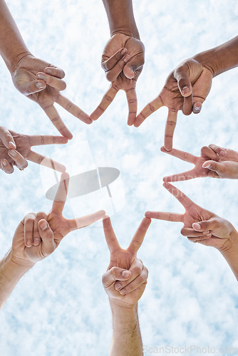 Image of Hands in circle star, blue sky and community in collaboration for global support, trust and diversity. Teamwork, hand and summer sunshine, positive mindset and group of people in solidarity huddle.