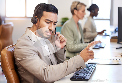 Image of Call center, thinking and business man in office, agency or ecommerce company listening to client for account problem solving. Agent, virtual consultant or person advice, support or customer solution