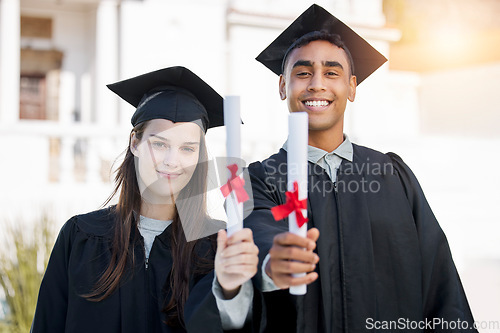 Image of Graduation portrait, diploma and people in university, education or learning success, achievement and scholarship. Award, certificate and graduate, college students or face of friends for celebration