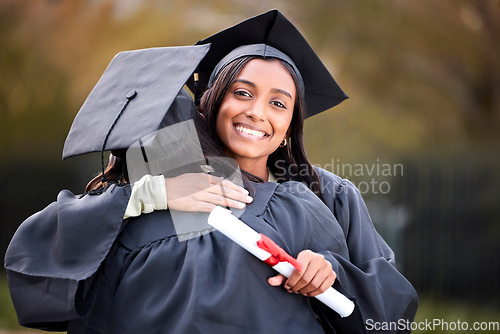 Image of Woman friends, hug and graduation portrait at college, campus and celebration with diploma. University students, graduate event and certificate for success, achievement and congratulations in embrace