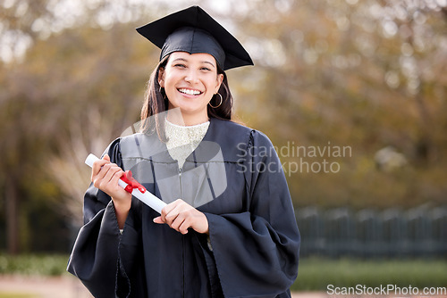 Image of Woman, graduation and college diploma in portrait, outdoor and success with pride, achievement and life goal. Graduate girl, certificate and happy student at university event, celebration and excited