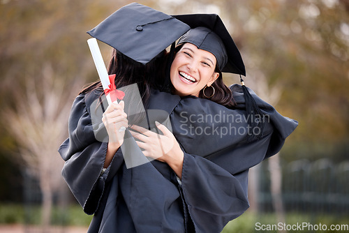 Image of Woman friends, congratulations hug and graduation at college, campus and celebration with diploma. University students, graduate event and certificate for success, achievement and excited in embrace