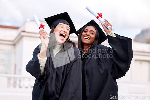 Image of Education, portrait of college students and with certificate on their graduation day at campus. Success or achievement, graduate or happiness and friends with diploma at university outdoors smiling