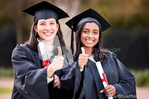 Image of Women friends, thumbs up and graduation portrait at college, campus and celebration with diploma. University students, graduate event and certificate for success, achievement and life goal with emoji