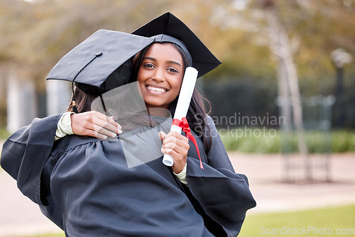 Image of Women friends, hug and graduation portrait at college, campus and celebration with diploma. University students, graduate event and certificate for success, achievement and congratulations in embrace