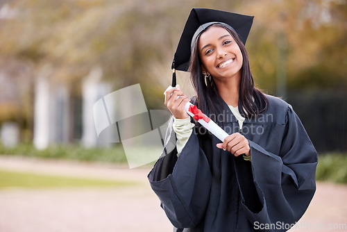 Image of Success, portrait of college student and with certificate on her graduation day outside of campus. Education or achievement, graduate or smile and female person with diploma at university outdoors