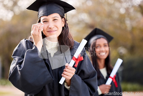 Image of Woman, graduation portrait and happy crying at college, campus and celebration with diploma. University student, girl graduate and event with tears for success, achievement and goal with certificate