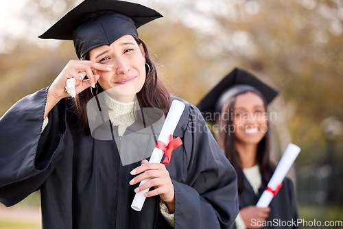 Image of Woman graduate, portrait and happy crying at college, campus and celebration with diploma. University student, graduation and event with tears for success, achievement and life goal with certificate