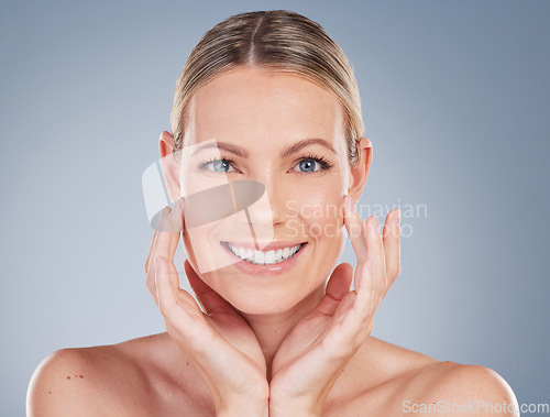 Image of Happy, skincare and portrait of woman in studio for facial, cosmetics and natural makeup. Self care, wellness and mockup with face of female model on grey background for glow, happiness and collagen
