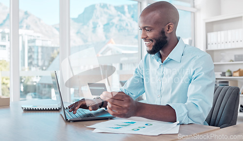 Image of Payment, online shopping and businessman use laptop, internet or web for ecommerce purchase in an office. Black man, African and employee pay with a credit card on a website in a company office