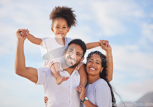 Image of Vacation, travel and portrait of happy family excited for holiday together at the on an adventure in summer. Love, father and mother or parents with children or kids relax, care and bonding