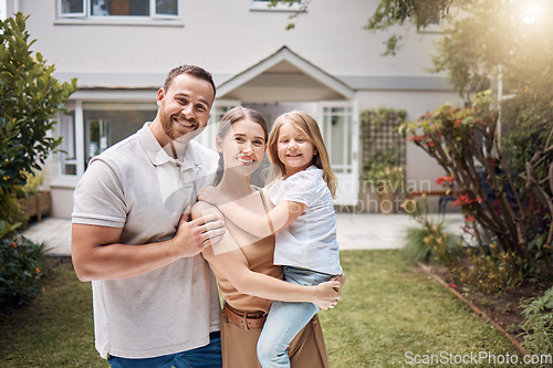 Image of Portrait, happy family and kid outdoor at new house, real estate and building mortgage in residential neighborhood. Mother, father and child smile outside for property investment, moving or homeowner