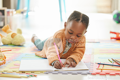 Image of Black girl, floor and learning with art education, drawing and color to relax, happiness and writing. Female kid, toddler and young person on the ground, home and child development with happiness