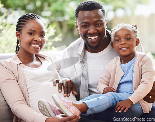 Image of Pregnant, stomach and portrait of family with belly or family ready for motherhood or parents smile and dad with child at home. Maternity, pregnancy and female abdomen or girl kid or happy father