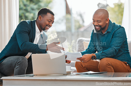 Image of Broker, contract and black man in a house with a client for meeting or consultation for advice. Financial advisor with male person to talk about investment, savings plan or budget and insurance paper