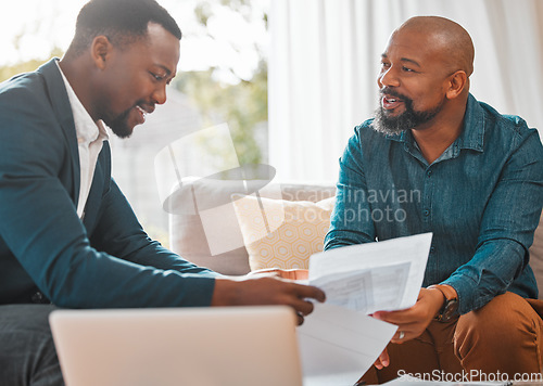 Image of Broker, contract and man in a house with a client for meeting or consultation for advice. Financial advisor with a black person to talk investment, savings plan or budget and home insurance on paper