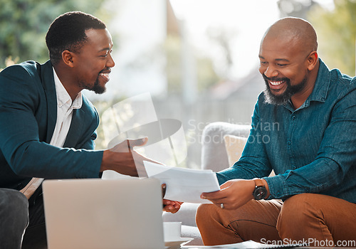 Image of Financial advisor, contract and black man in house with client for meeting, consultation or advice. Professional broker with a African person to explain investment, savings plan or insurance on paper