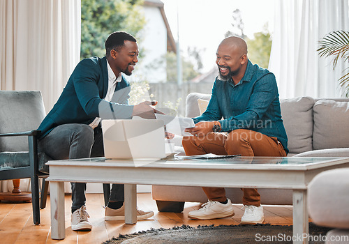 Image of Broker, contract and man in a house with a client for meeting or consultation for advice. Financial advisor with a male person to explain investment, savings plan or budget and insurance on paper