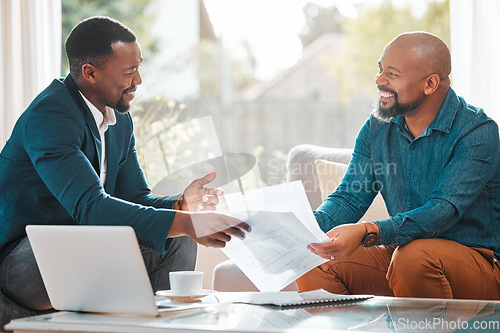 Image of Contract, broker and man in a house talking to a client for meeting or consultation for advice. Black person and financial advisor explaining investment, savings plan or budget and insurance on paper