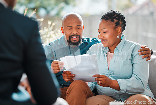 Image of Happy couple, broker and contract in a house for a meeting or consultation for retirement advice. Financial advisor, black man and woman for investment, savings plan or pension and insurance paper